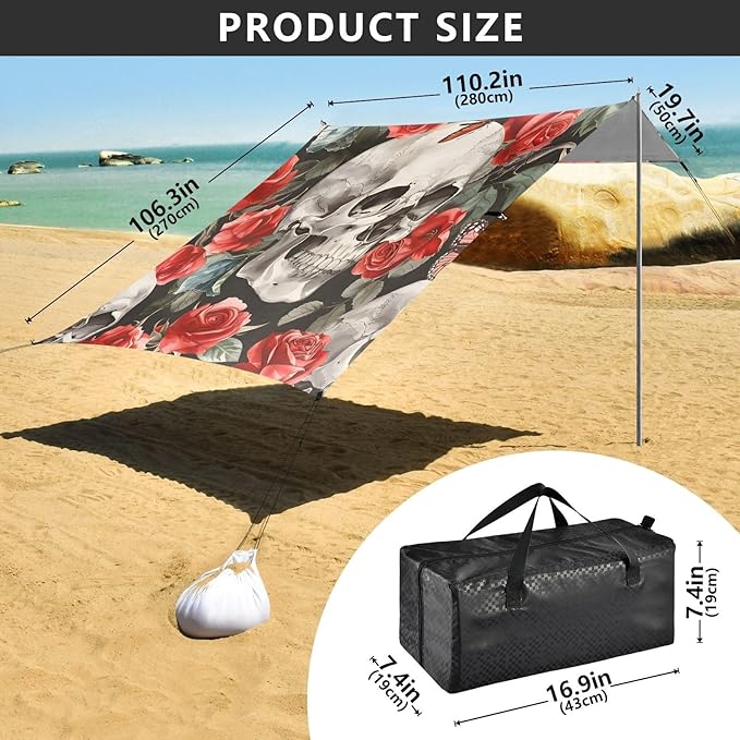 Beach Tent Sun Shelter Skull with Gorgeous Roses Lightweight &amp Easy Setup Beach Shade Canopy for Camping Fishing