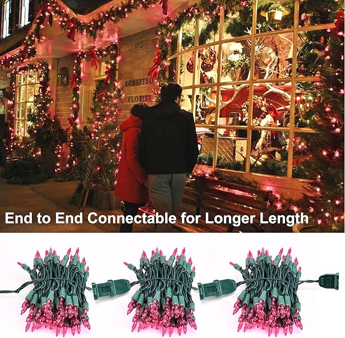 BrizLabs Pink Christmas Lights 69.6ft 300 Count Pink String Lights Connectable UL Certified Incandescent Christmas Lights Green Cord Outdoor Mini Lights Set for Indoor Xmas Party Garden Patio