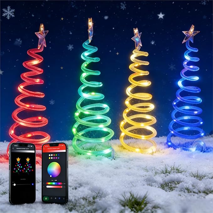 4 Pack Christmas Pathway Lights Outdoor Spiral Christmas Tree Path Lights Waterproof Yard Decorations Spiral Lighted Christmas Tree Lights for Pathway Patio Backyard Garden Party Holiday Decor
