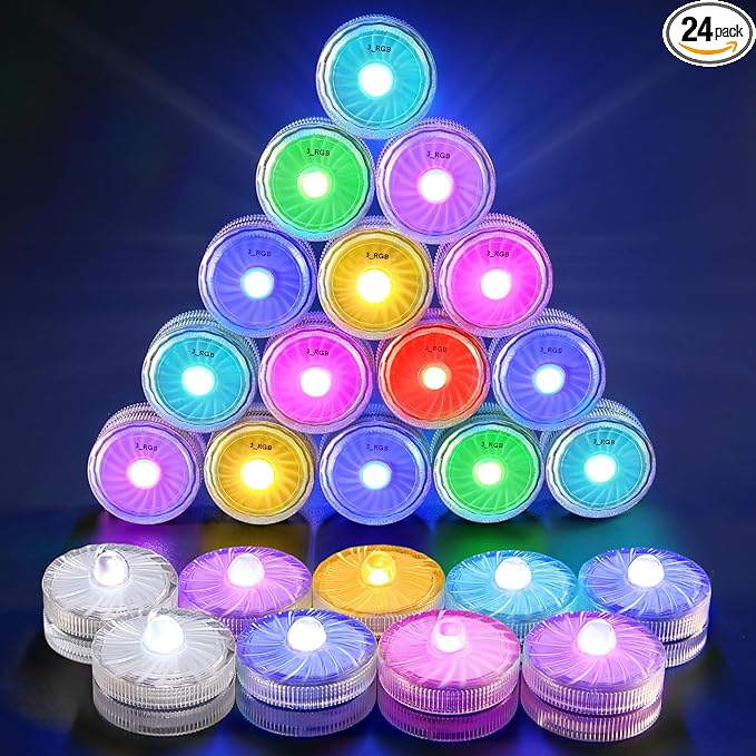 HL Submersible LED LightsRGB Small LED Light100 Hours Waterproof Flameless Led Lights Battery Powered for Wedding Home Vase Festival Party Decoration 24pcs(Built-in 48 Batteries)