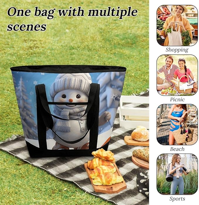 Insulated Shopping BagLarge Reusable Cooler Bags Cute Snowboard Snowman Printed Foldable Shopping BagTravel Waterproof Shoulder Bag
