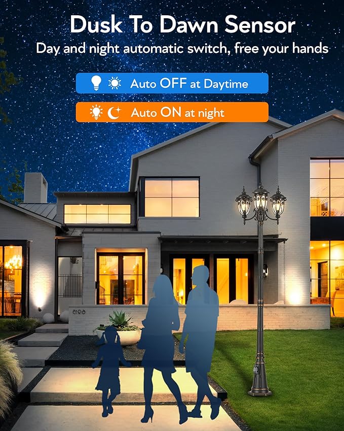 VIANIS Outdoor Lamp Post Light with Outlet Dusk to Dawn Black Light Lamp Posts for Outside with 3 Head Waterproof Post Lights Outdoor for House Doorway Driveway Anti-Rust