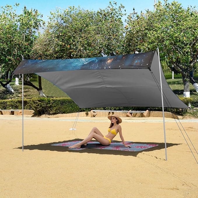 Drawing Galaxy Horse Beach Tent Sun Shelter 9.2' x 10.5' Beach Canopy with 4 Sandbags 4 Stability Poles Sand Shovels - Tent Canopy for Beach Camping Fishing Picnics