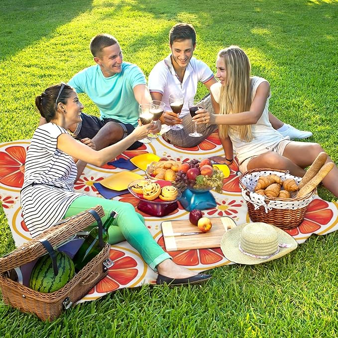 Waterproof Sandproof Beach Blanket 59''×68'' Citrus Flakes Polyester Outdoor Picnic Blanket with 4 Stakes &amp Storage Bag for BeachCampingVacation Red