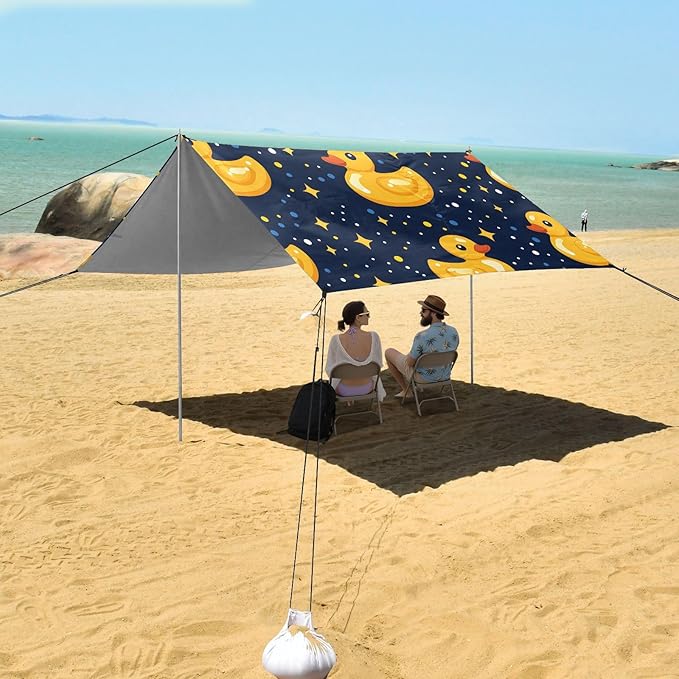 ALAZA Yellow Duck Stars Beach Tent Sun Shelter UPF50+ Protection Beach Shade Canopy w/ 4 Sandbags for Outdoor Camping Fishing Backyard Fun Picnic 10x9 ft