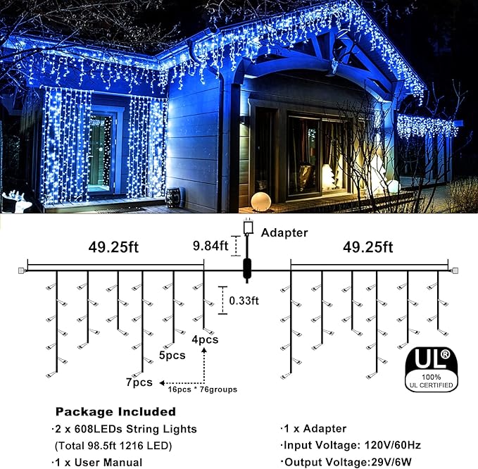 Icicle Lights for Outside 98FT 1216 LED Icicle Christmas Lights Outdoor with 228 Drops 8 Modes Waterproof String Twinkle Light for Indoor Bedroom House Holiday Party Wedding Decorations Blue