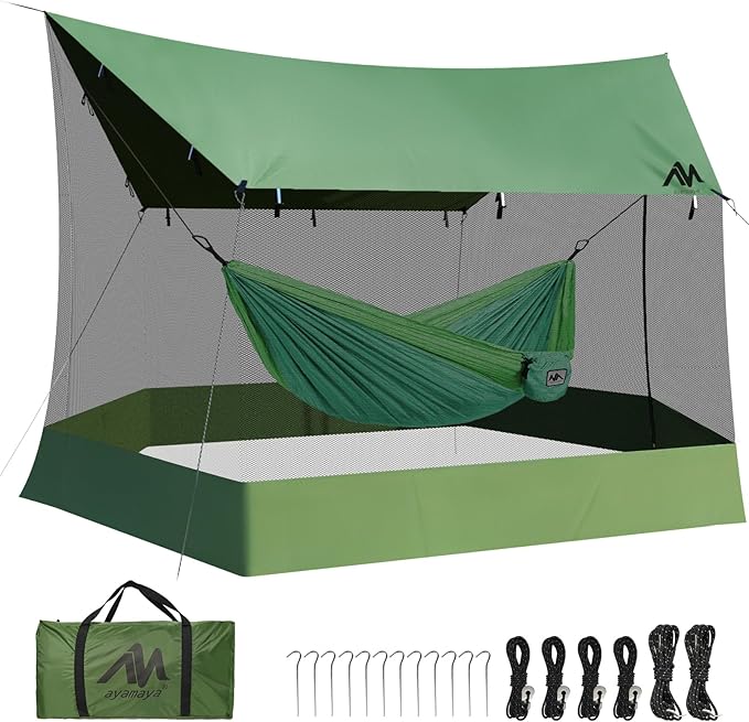 AYAMAYA Camping Tarp with Mosquito Net Large Size 18 x 11 FT Screen House for Hammock Lightweight Camping Hammock Tent Rain Fly with Bug Netting for Picnics Backyards Backpacking Beach