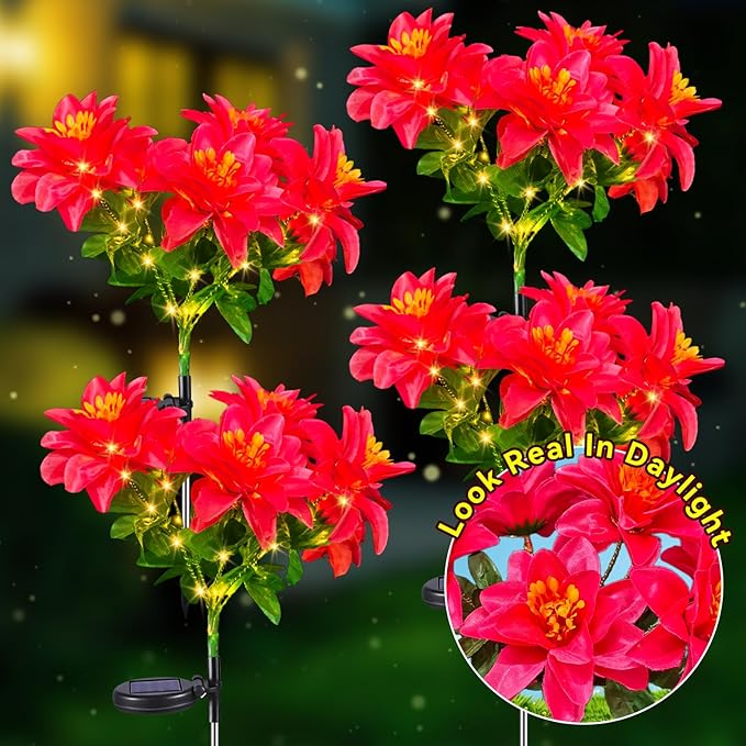 Neporal Solar Flowers Outdoor Waterproof Pink 4PK 7-Stem Garden Solar Lights Decorative 2 Lighting Modes Solar Powered Garden Decor Solar Yard Decor