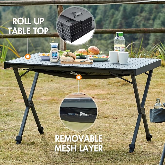 PORTAL Folding Outdoor Camping Table with Adjustable Height Aluminum Roll-Up Top and Carry Bag Big Large Portable Tables for Picnic BBQ and Tailgating Dark Gray