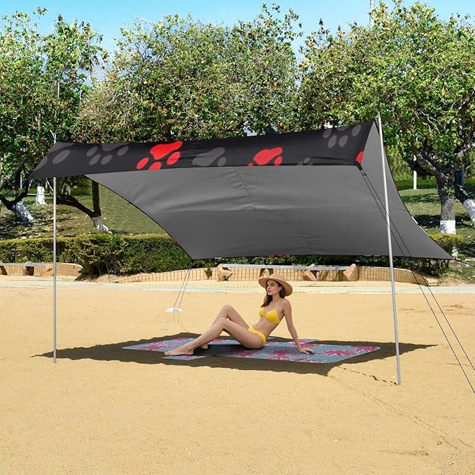 Camping Sun Shelters Red White Grey Dog Paw Prints Beach Canopy 126 * 110.2in