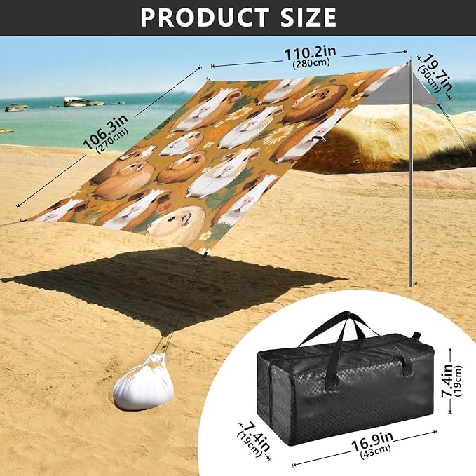 Cute Guinea Pig Beach Tent Sun Shelter 9.2' x 10.5' Beach Canopy with 4 Sandbags 4 Stability Poles Sand Shovels - Tent Canopy for Beach Camping Fishing Picnics
