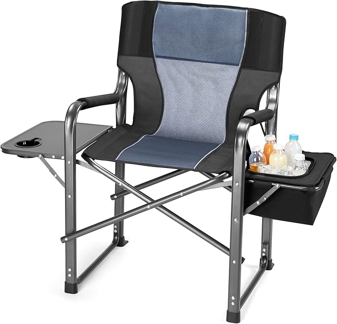 Camping Directors Chairs for Adults Heavy Duty with Table and Cooler Bag Oversized Portable Folding Chair for Beach Fishing Trip Picnic(Breathable Comfort Cushion Black)