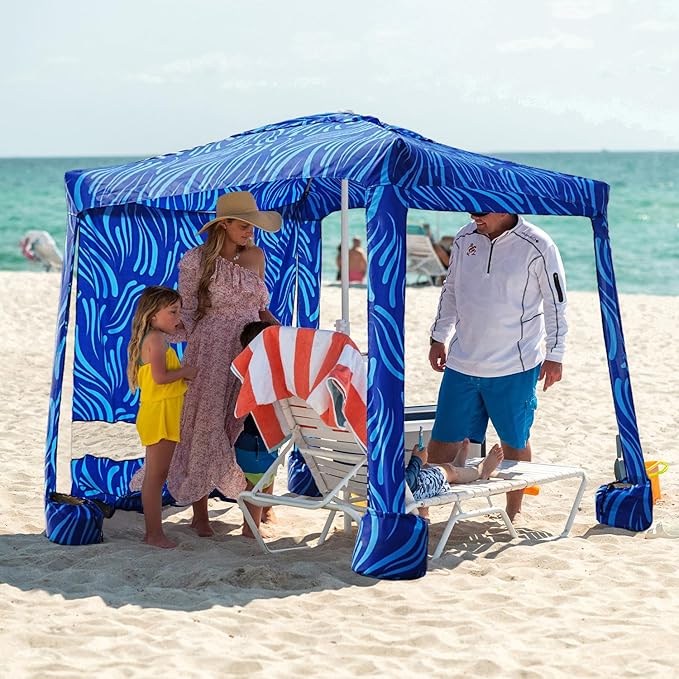 AMMSUN Beach Cabana 6.2'×6.2' Beach Canopy Easy Set up and Take Down Cabana Tent with Sand Pockets Instant Sun Shade with Side Wall Sea Flow