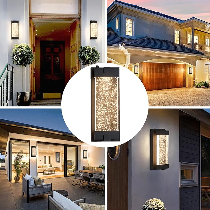 Black Wall Sconce with K9 Crystal Bubble and Dusk to Dawn Sensor Exterior LED Wall Mounted Light Modern Porch Lantern Light Fixture for Indoor and Outdoor