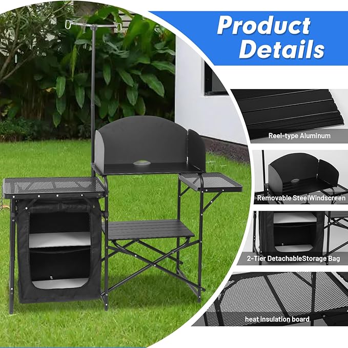 CDEN Camping Kitchen Station Camping Table Grill Table with Light Stand and Windshield Cooking Station outdoor