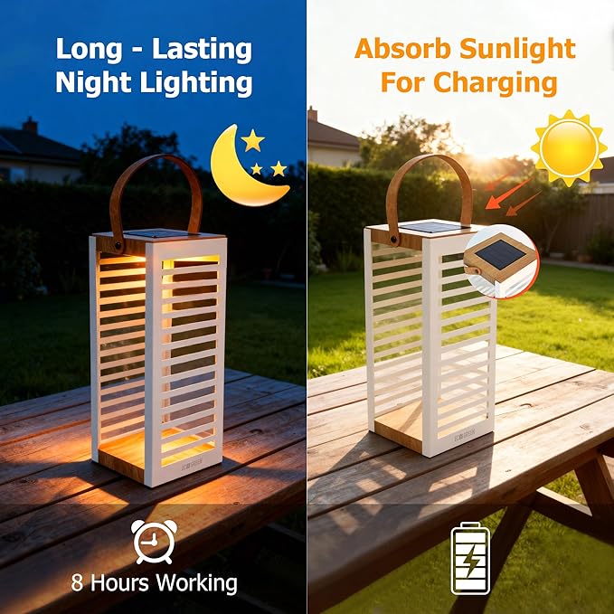 Solar Lantern with Handle - Outdoor Metal Solar Light (7.87×19.69) Waterproof &amp Rustproof 8H Auto-On Warm White Light Portable for Patio Porch Balcony &amp Garden Decor (White - 1 Pack)