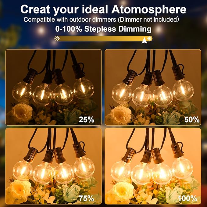 100ft 2-Pack Outdoor String LightsDimmable G40 LED String Lights with 52 Shatterproof Clear Bulbs UL Approval Waterproof Globe 1W 2700K Outdoor Lighting for Backyard Porch Cafe Party Wedding Garden