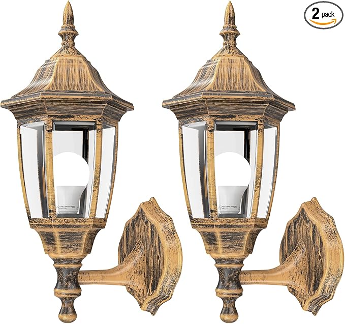 EMART Outdoor Porch Light Brushed Gold Anti-Corrosion Plastic Material Wall Mount Lantern for Backyard Garage Front Porch - 2 Pack