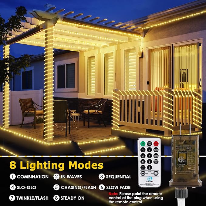 Connectable Outdoor Rope Lights 50ft 600 LED Warm White Strip Light Plug in for Indoor with Waterproof 8 Modes Outdoor String Lights for Camping Garden Backyard Patio Deck Pool Tree Décor