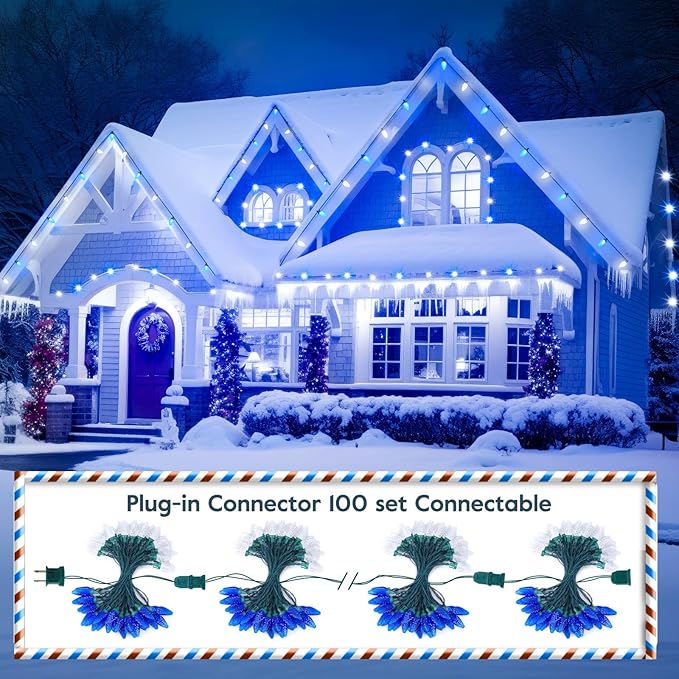 Brightown 2 Pack Blue and White C9 LED Christmas String Lights - 33ft 50 LED Waterproof Strawberry String Lights Plug-in Extendable Green Wire Lights String for Outdoor Indoor Patio Party Decoration
