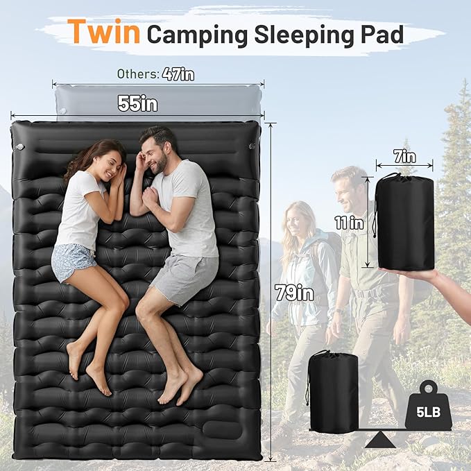 KASBAH Double Inflatable Camping Sleeping PadThick 6 inch 2 Person Ultralight Sleeping Mat with Built-in Foot Pump and PillowCamping Essentials for HikingBackpackingTraveling Tent