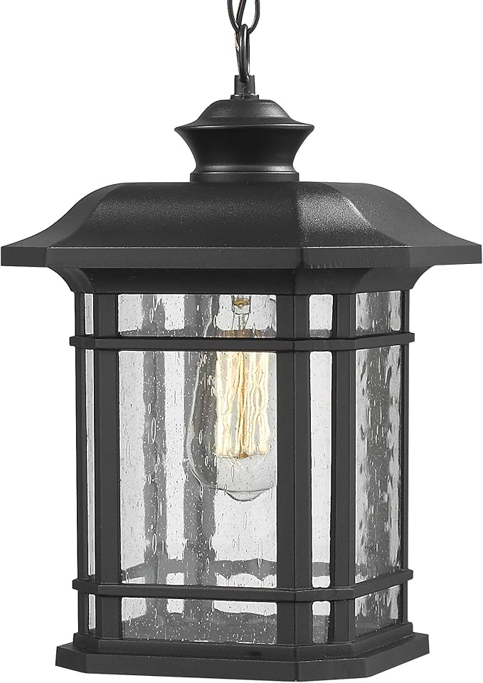 Emliviar Modern Exterior Pendant Light Lantern 14 Outdoor Hanging Light in Black Finish with Seeded Glass A2202110D1