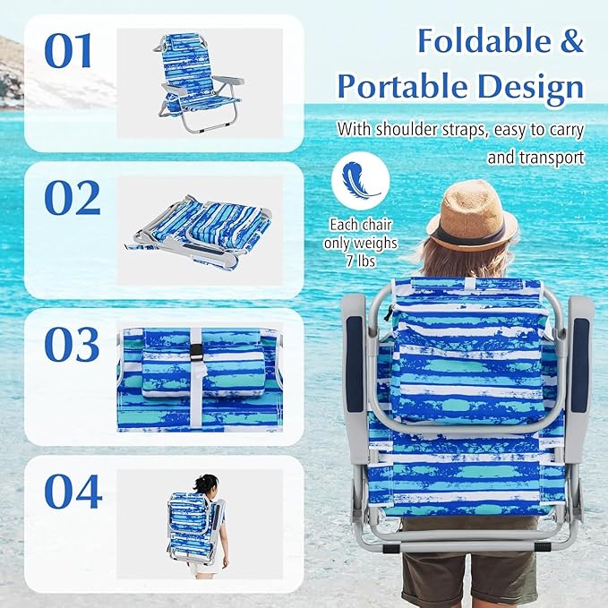 COSTWAY Backpack Beach Chair Foldable Camping Chair with 5 Adjustable Position Cup Holder Storage Pockets Straps Towel Rack Pillow for Patio Outdoor (Blue Stripe2)