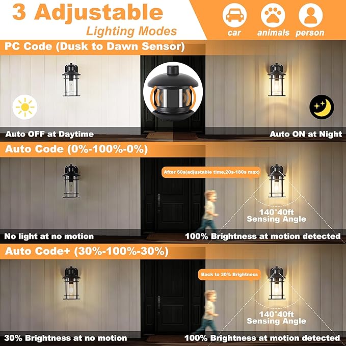 Patio Wall Light Fixture with Dual GFCI Outlets Outdoor Light with Outlet Motion Sensor with 3 Sensor Modes &amp Dusk-to-Dawn Vintage Industrial Black Outdoor Lantern for Porch Patio Garage Entry