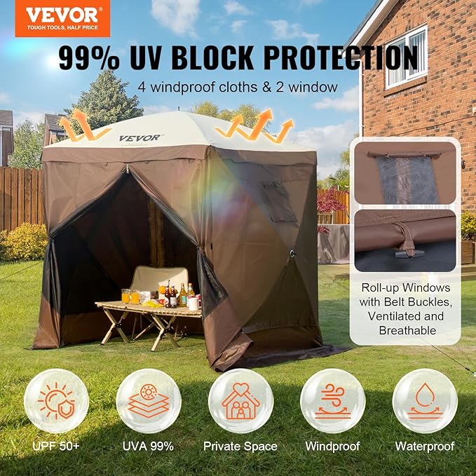 VEVOR Pop Up Gazebo Tent Pop-Up Screen Tent 4 Sided Canopy Sun Shelter with 4 Removable Privacy Wind Cloths &amp Mesh Windows 6x6FT Quick Set Screen Tent with Mosquito Netting Brown