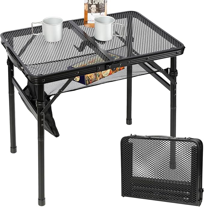 Small Floding Grill Table with Mesh Layer 2 Height Adjustable Portable &amp Lightweight Metal Camping Table for Outdoor Beach &amp BBQ - Compact (2 FT Black)