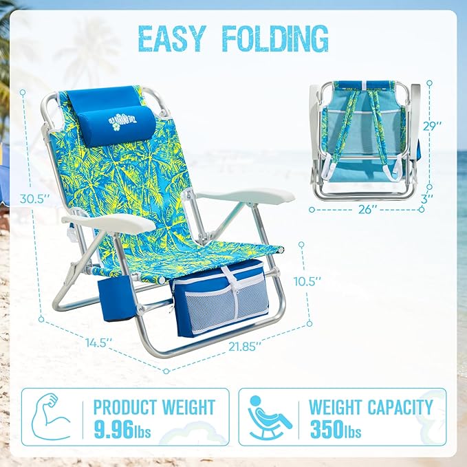 Old Bahama Bay Beach Chairs for Adults 7-Position Classic Lay Flat Beach Chair Reclining Beach Chair Portable Aluminum Backpack Beach Chair with Towel Bar &amp Cooler Bag