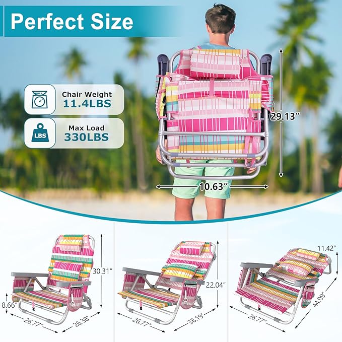 Suteck Beach Chair Adjustable 5-Position Backpack Beach Chairs for Adults Kids Foldable Lay Flat Chair with Cooler Bag Cup Holder and Lumbar Pillow Reclining Lay Down Chairs for Lawn Outdoor