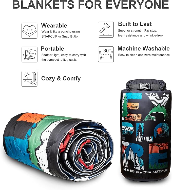ECOSILK Puffy Blanket for Camping Traveling Picnics | Wearable Waterproof Lightweight Packable Outdoor Travel Blanket Airplane w. Stuff Sack for Stadium Car Festival | 55 X 79 in