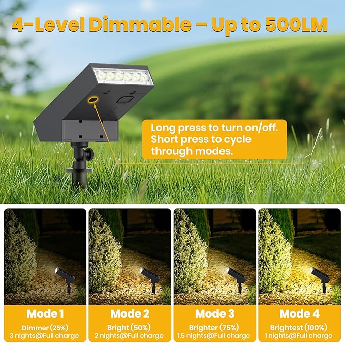 Solar Pathway Lights Outdoor Dimmable Solar Spot Light IP65 Waterproof 500LM 3000K Solars Outdoor Lighting for Walkway Landscape Lawn Yard