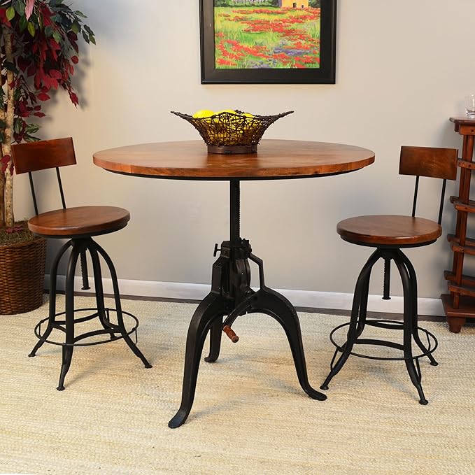 Carolina Chair &amp Table Ryder Adjustable Round Bar Stool - Powder Coated Finish Metal Frame Solid Wooden Seat Swivel Stool - Rustic Style Furniture for Counter Dining Room Kitchen (Chestnut/Black