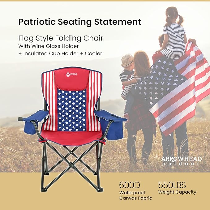ARROWHEAD OUTDOOR Portable Deluxe Folding Camp Quad Chair w/Headrest Glass &amp Cup Holders Armest 6-can Cooler Heavy Duty Carry Bag 550 lbs Weight Capacity