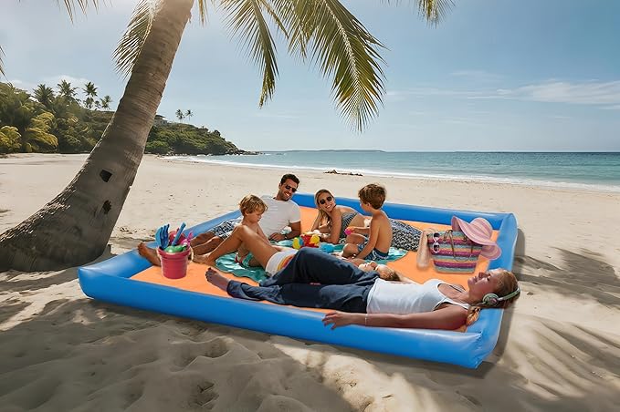 Beach Blanket Large Beach Blanket Sandproof 79x83 Beach Mat for Family Beach Mats with Pillow Camping Sleeping Mat Portable Outdoor with Side Walls Beach Essentials (Blue-Orange)