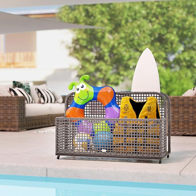 Pool Float Transport Caddy 43.25 Lx22.5 Wx28 H – PE Rattan Basket + Structural Steel FFor rame 4-Wheel Lock System Light Gray
