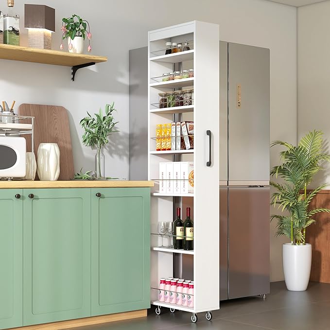 7-Tier Slim Pull-Out Storage Cart with Wheels – Multi-Functional Mobile Organizer 7 Open Shelves + Top Adjustable Height Protection Bars Perfect for Kitchen Living Room &amp Narrow Spaces