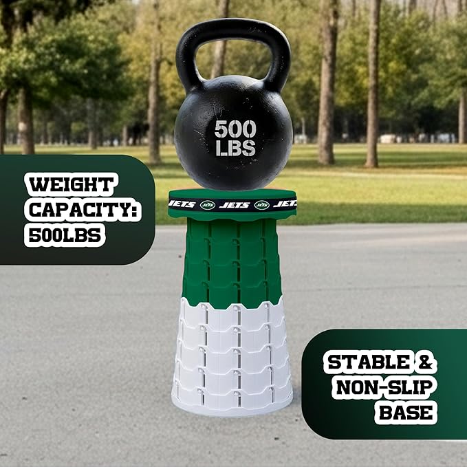Sporticulture NFL New York Jets Telescoping Collapsible Stool 500lbs Max Weight Portable Adjustable Height Folding Camping Stool with Carry Strap Retractable Stadium Have A Seat Outdoor Sports Fan