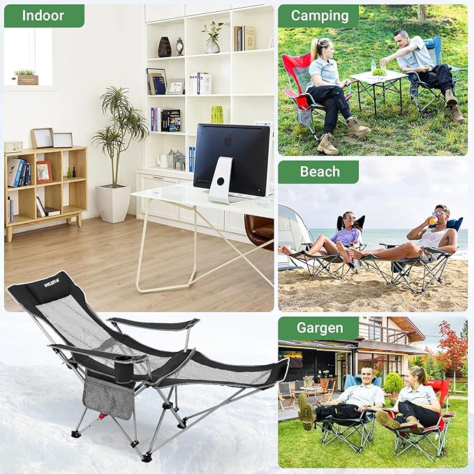 #WEJOY 2-in-1 Reclining Camping Chair Lightweight Folding Camping Chair with Adjustable Backrest &amp Footrest Camping Lounge Chair with Headrest Cup Holder Storage Bag for Beach Lawn Concert