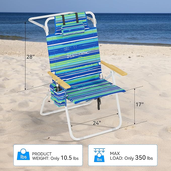 Tall Beach Chairs for Adults 17 High Backpack Beach Chair with Wooden Armrests 5 Positions Reclining Heavy Duty Chair with Large Cooler Pouch Support to 350LBS Striped Blue&ampGreen2pack
