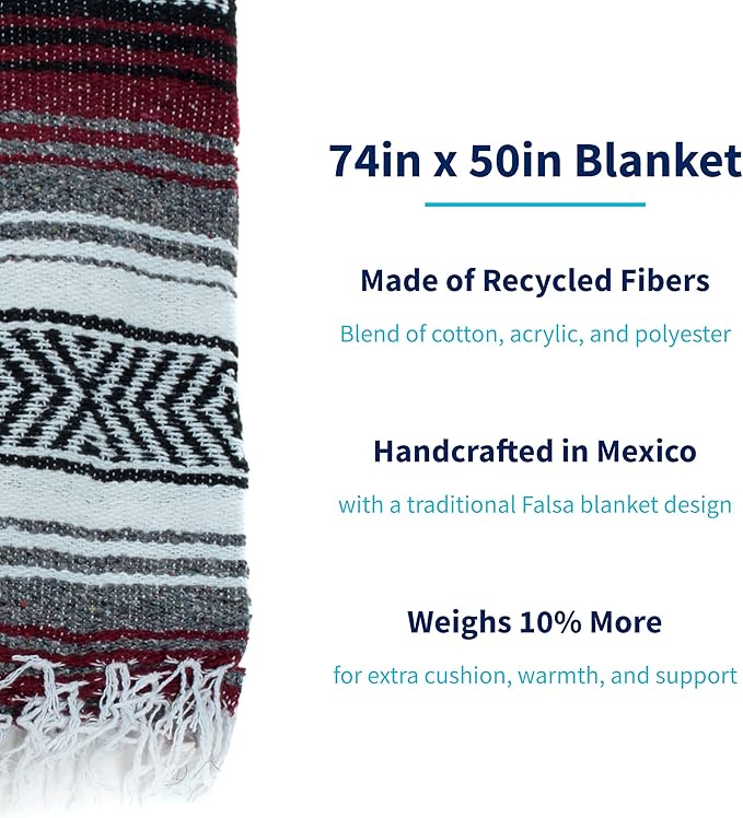 La Montana Mexican Blankets and Throws 4 Pack 74x50 - Made in Mexico Lightweight Yoga Blanket for Schools Studios Outdoors Camping Picnic Decor - Machine Washable Burgundy/Charcoal/White