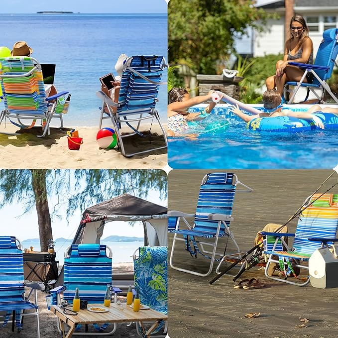 Backpack Beach Chairs for Adults - Folding Heavy Duty High Camping Chair with Storage Pouch Cup Holder &amp Towel Rack Adjustable Lounge Chair for OutdoorTravel (1pack /High Back Blue Strap)