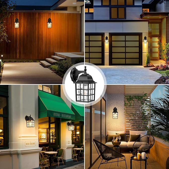 Brightever 2-Pack Dusk to Dawn Outdoor Wall Lantern Exterior Light Fixtures with Photocell Sensor Black Wall Light Waterproof Waterfall Glass Outside Wall Sconce for Porch House Garage