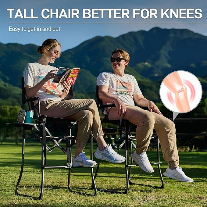 EVER ADVANCED Portable 30.7 Seat Height Tall Folding Camping Chair Directors Chair High Foldable Bar Stool with Side Table for Makeup Artist Sports Event Craft Show Textilene Mesh Supports 350LBS