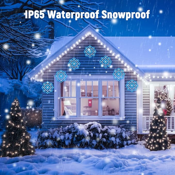 Brightown Christmas Snowflake Icicle Lights Outdoor - Plug-in 23.6ft 10 Drops 480LED Snowflake Window Lights for Indoor Outdoor Porch Eaves Rooftops Canopy Christmas Decoration Blue and White