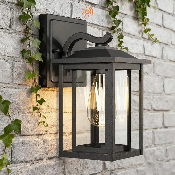 LTBLIGHT Dusk to Dawn Outdoor Lighting Modern Black Waterproof Exterior Wall Sconce Sensor Front Porch Lights with E26 Base for House Garage Patio Front Door 120V