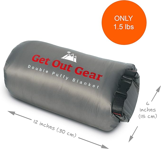 Get Out Gear Double Puffy Camping Blanket - Extra Puffy Packable Lightweight and Warm | Ideal for Outdoors Travel Stadium Festivals Beach Hammock | Water-Resistant Camp Quilt (Teal Blue/Gray)