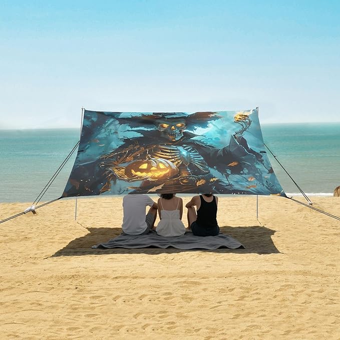 ALAZA Halloween Skull Pumpkin Beach Tent Sun Shelter UPF50+ Protection Beach Shade Canopy w/ 4 Sandbags for Outdoor Camping Fishing Backyard Fun Picnic 10x9 ft